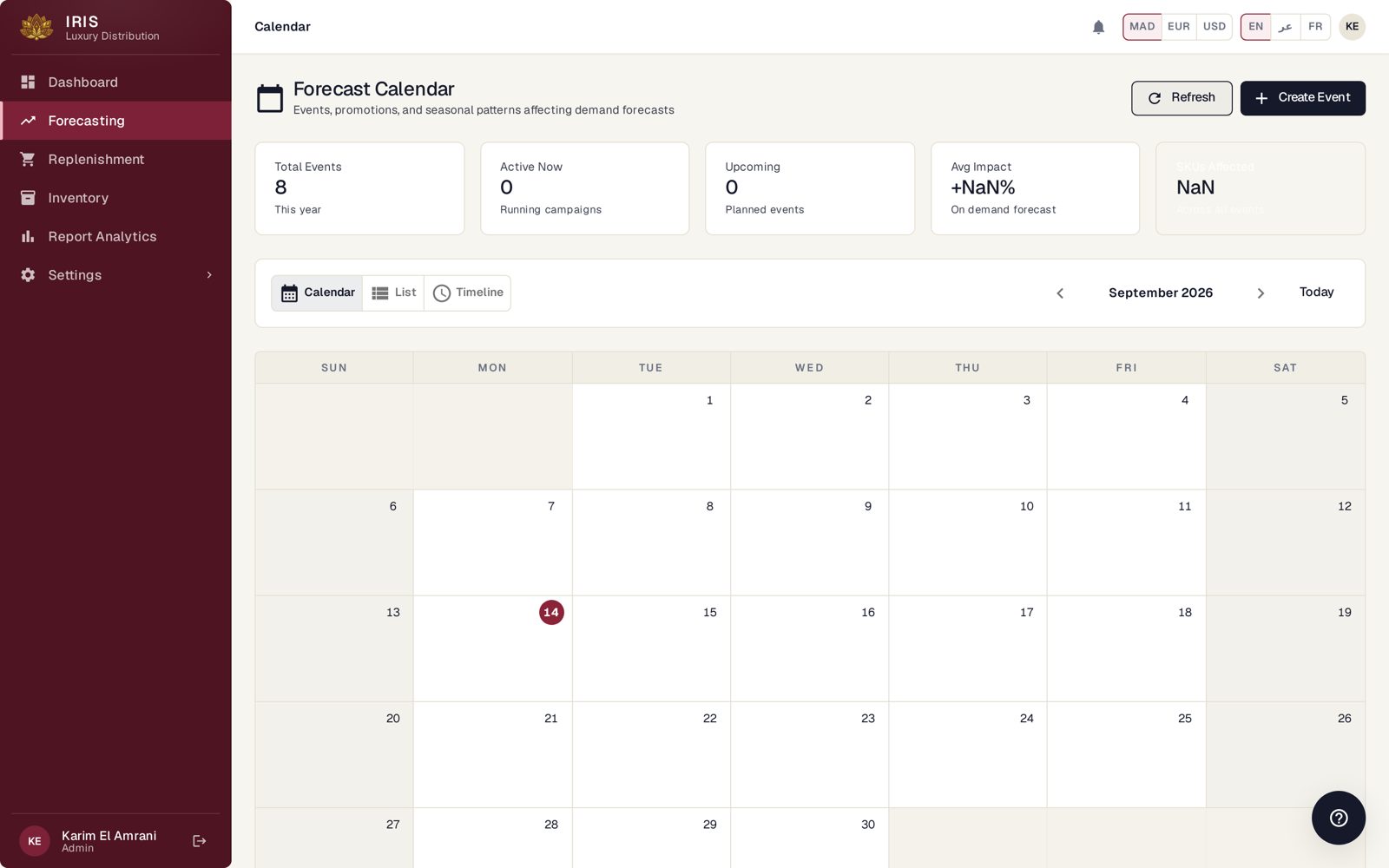 Event and promotion calendar